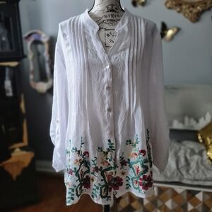 Ruby Rd. Boho White Blouse with Colorful Floral Embroidery Size XXL